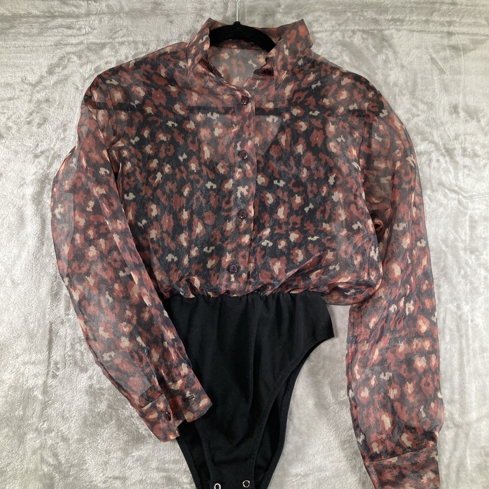 Extra Blues Womens S Body Suit Blouse/Tank Sheer Leopard Print
